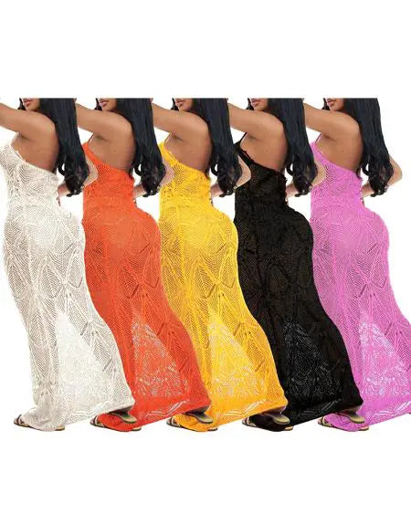 Beach Dress Cover Up: Halter with Hollow-Out Crochet Design