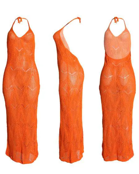 Beach Dress Cover Up: Halter with Hollow-Out Crochet Design