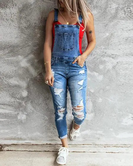 Denim Jumpsuit: Suspender Design with Ripped Cutouts