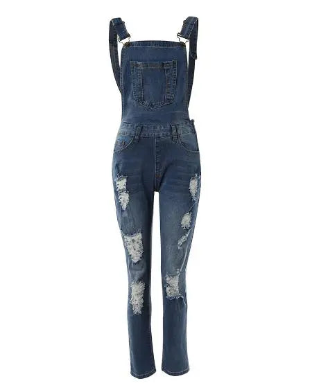 Denim Jumpsuit: Suspender Design with Ripped Cutouts