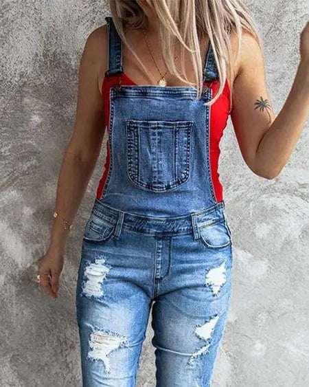 Denim Jumpsuit: Suspender Design with Ripped Cutouts