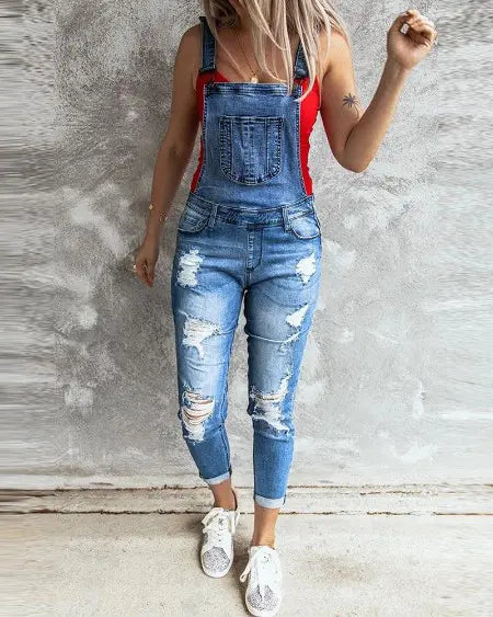 Denim Jumpsuit: Suspender Design with Ripped Cutouts