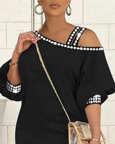 Casual Dress with Rhinestones & Cold Shoulder Cut