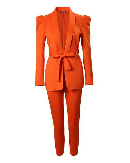 Puff Sleeve Blazer & Pants with Shawl Collar & Belt