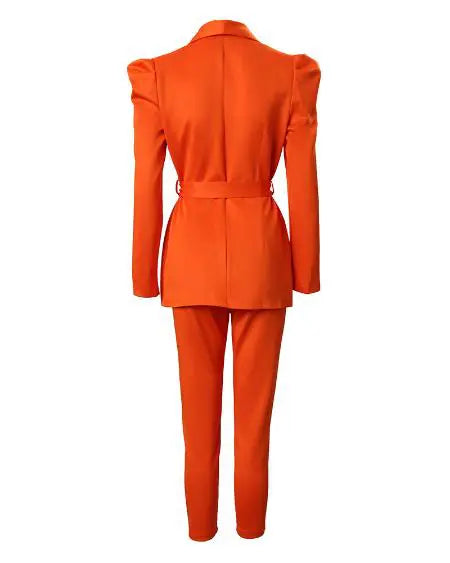 Puff Sleeve Blazer & Pants with Shawl Collar & Belt