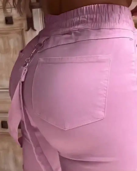 Suspender Pants with Pocket Design & Cuffed Detail