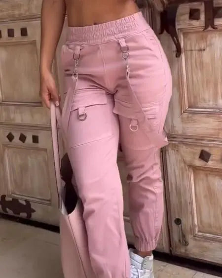 Suspender Pants with Pocket Design & Cuffed Detail