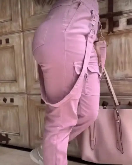 Suspender Pants with Pocket Design & Cuffed Detail