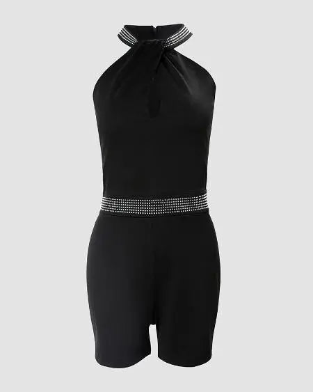 Sleeveless Romper with Halter Neck & Rhinestone Decor
