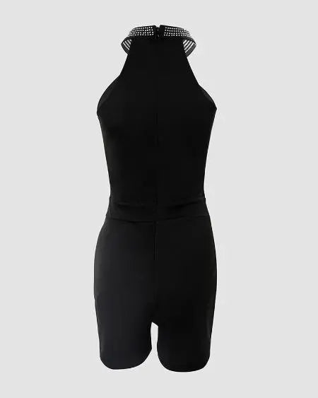 Sleeveless Romper with Halter Neck & Rhinestone Decor