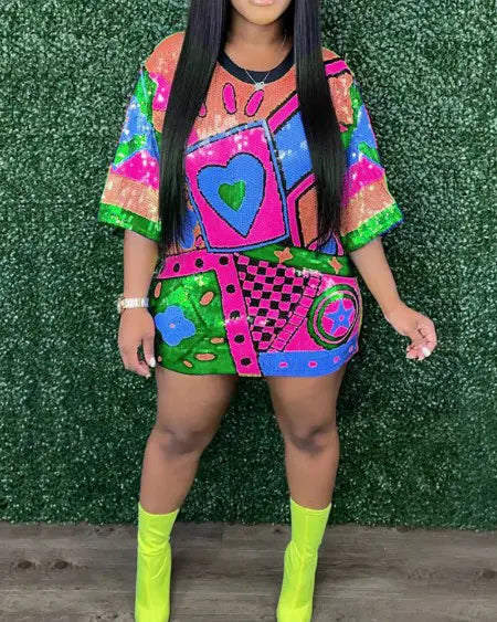 Casual jurk met pailletten en grafisch ontwerp 