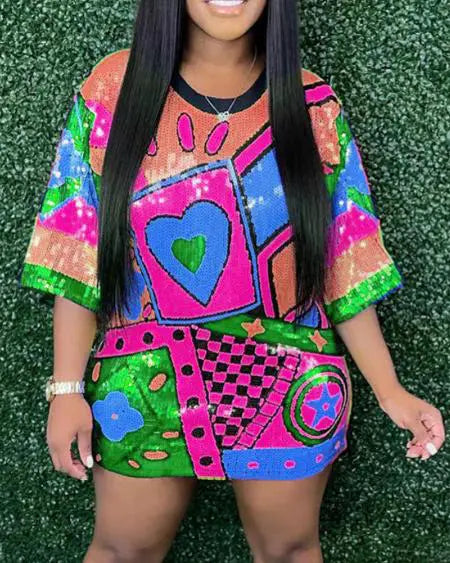 Casual jurk met pailletten en grafisch ontwerp 