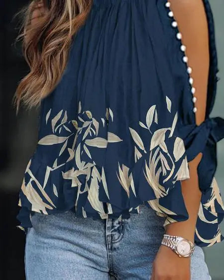 Split Sleeve Top with Plant Prints & Beads