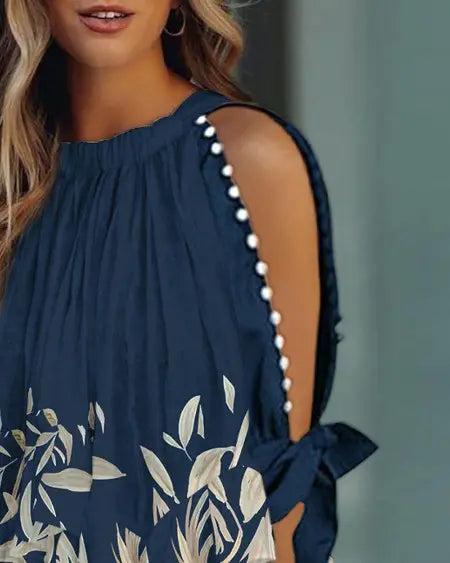 Split Sleeve Top with Plant Prints & Beads