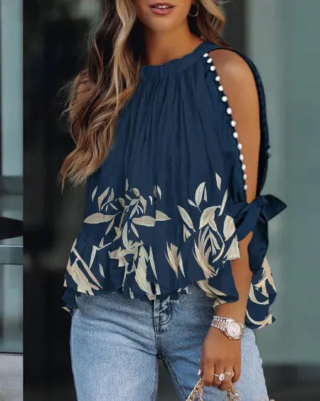 Split Sleeve Top with Plant Prints & Beads