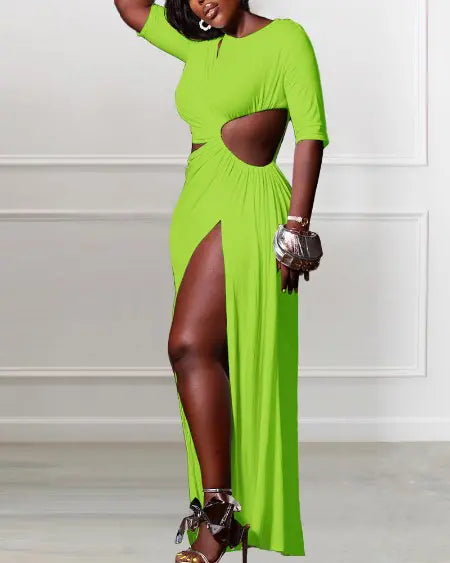 Maxi Dress with Asymmetrical Neck & Slit Design