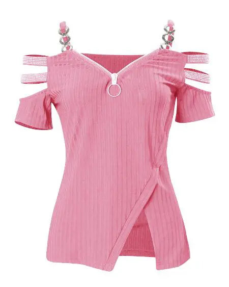 Cold Shoulder Top with Rhinestone & Zipper Details
