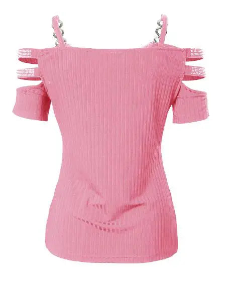 Cold Shoulder Top with Rhinestone & Zipper Details