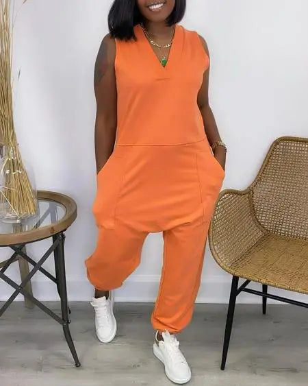V-Neck Jumpsuit with Pockets & Sleeveless Cut