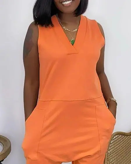 V-Neck Jumpsuit with Pockets & Sleeveless Cut