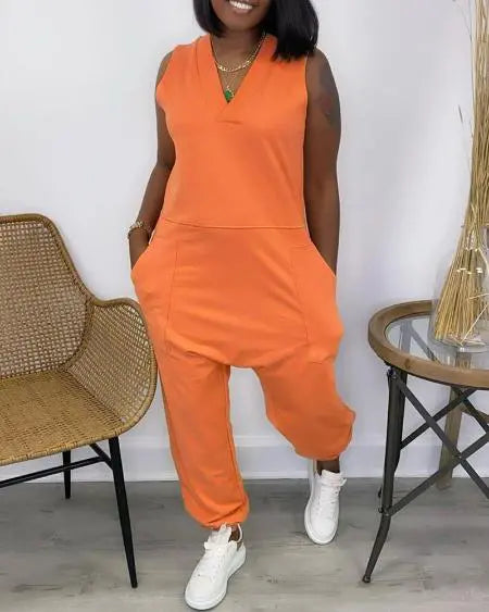 V-Neck Jumpsuit with Pockets & Sleeveless Cut