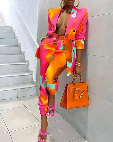 Tie Dye Blazer & Pants Set with Buttons