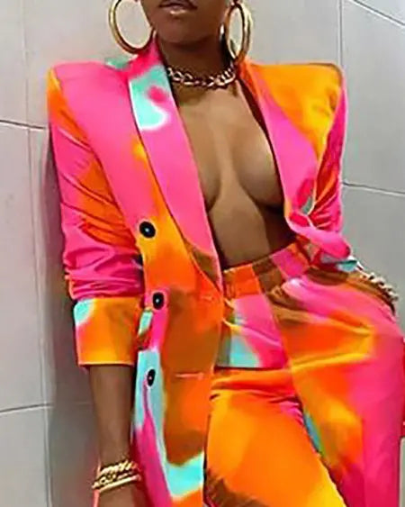 Tie Dye Blazer & Pants Set with Buttons