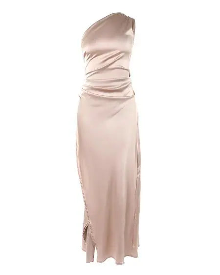 Feestjurk met één schouder, ruches en hoge split zonder rug 