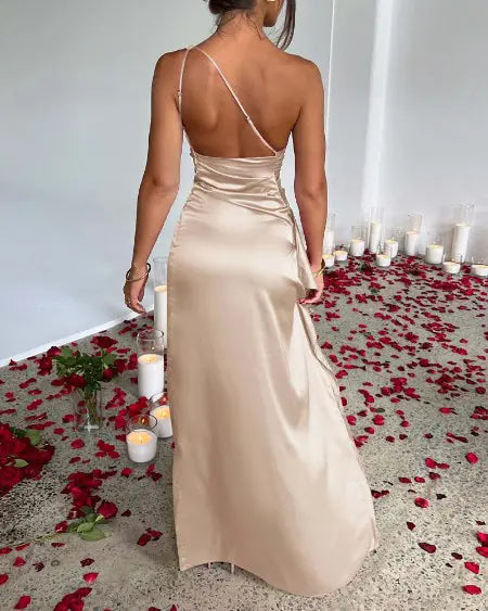 One-Shoulder Party Dress with Backless Design Ruching & High Slit