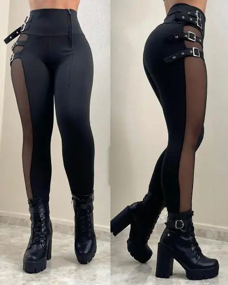 High Waist Pants with Mesh Patches & Buckles