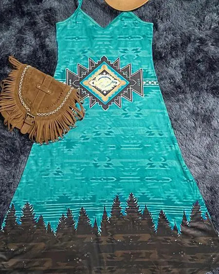 Vestido largo sin mangas con estampado geométrico azteca 