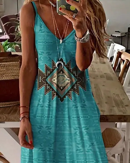 Sleeveless Maxi Dress with Aztec Geometric Print