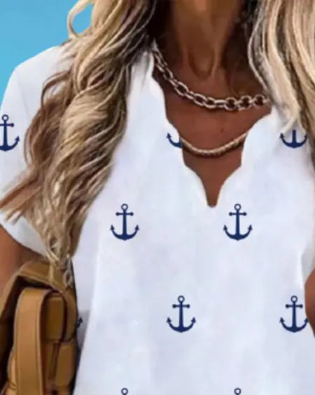Casual Short Sleeve Top with Anchor Print