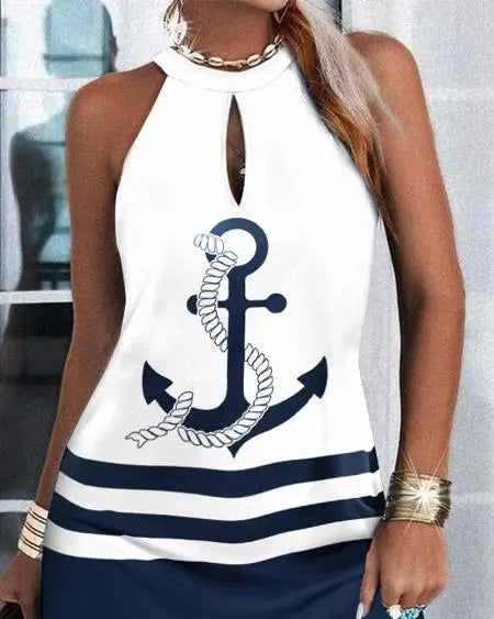 Sleeveless Dress with Anchor Print & Colorblock Design