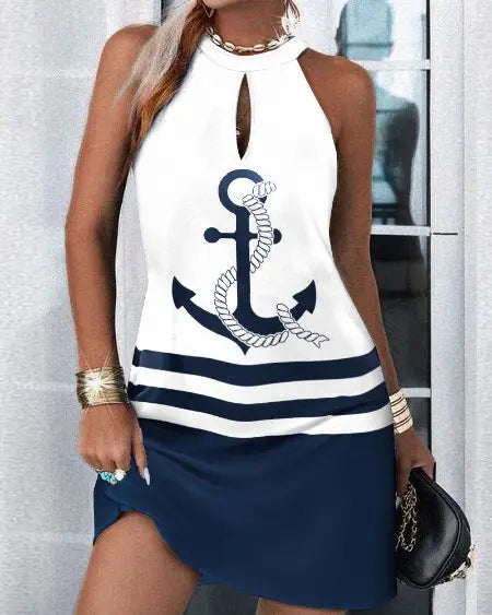 Sleeveless Dress with Anchor Print & Colorblock Design