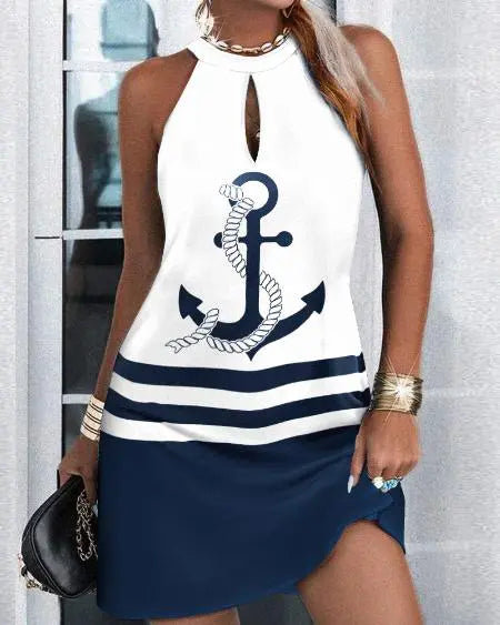 Sleeveless Dress with Anchor Print & Colorblock Design