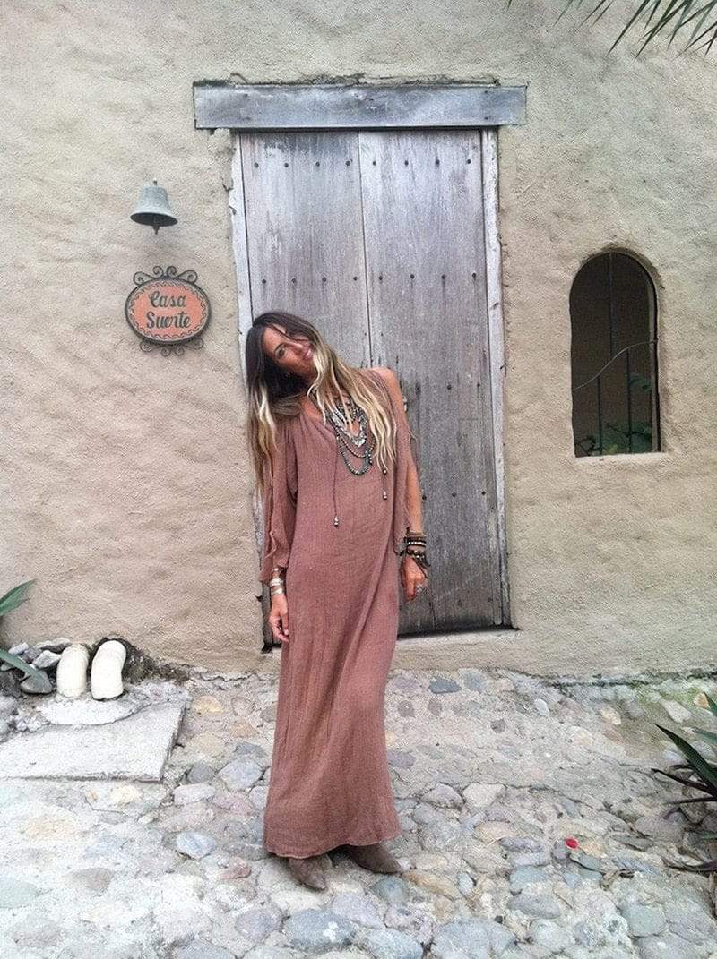 Open schouder strand lange jurk