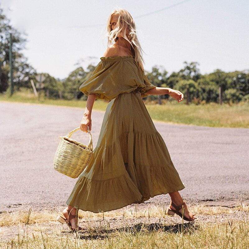 Off Shoulder Ruffles Boho Maxi Dress