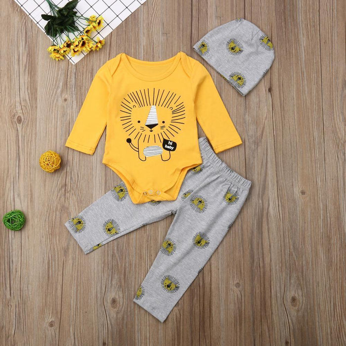 Cute Newborn Kids Baby Boy Lion Print Tops Long Pants Hat 3PCS Casual Clothes