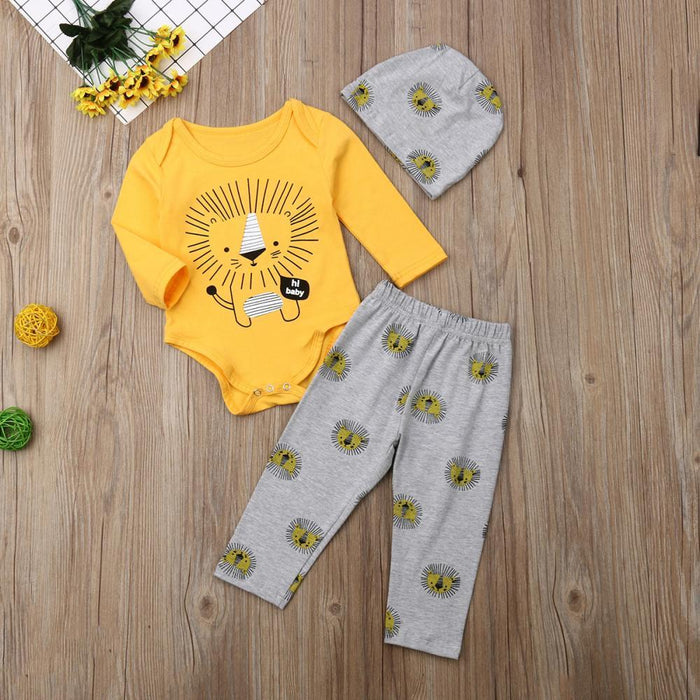 Cute Newborn Kids Baby Boy Lion Print Tops Long Pants Hat 3PCS Casual Clothes