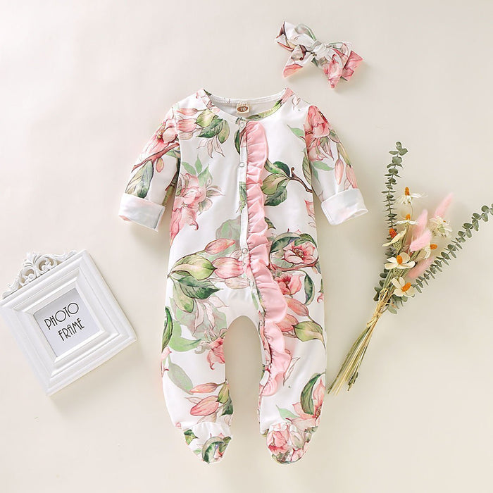 Mooie jumpsuit met bloemenprint en hoofdband voor babymeisjes