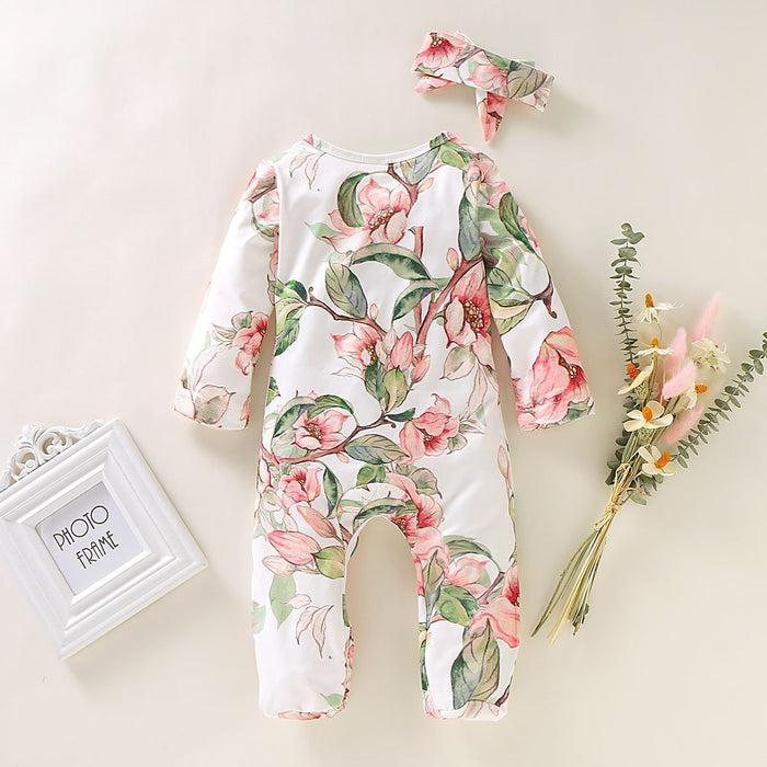 Mooie jumpsuit met bloemenprint en hoofdband voor babymeisjes