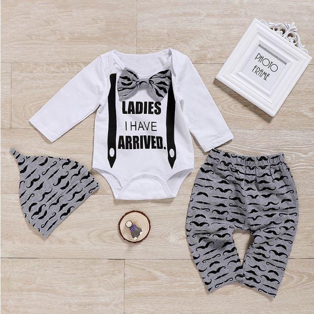 LADIES I HAVE ARRIVED Print Bow Bodysuit and Pants with Hat Set