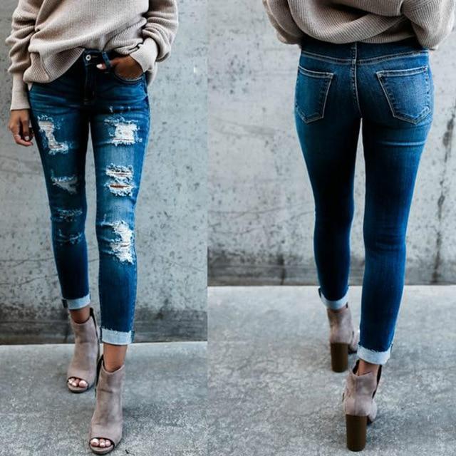 Boho skinny jeans met hoge taille en gaten 