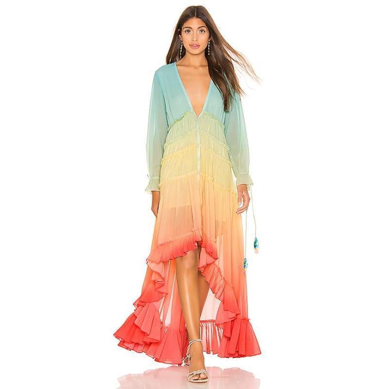 Bohemian Rainbow Tiered Maxi Dress