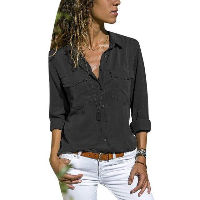 V Neck Long Sleeve Top with Pockets