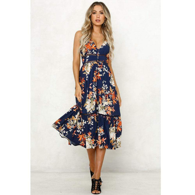 Floral Print V Neck Midi Dress
