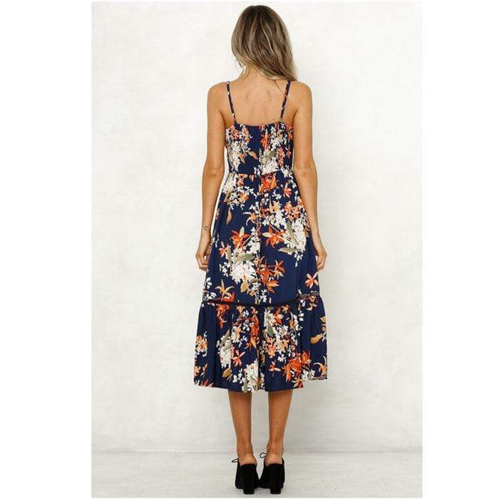 Floral Print V Neck Midi Dress