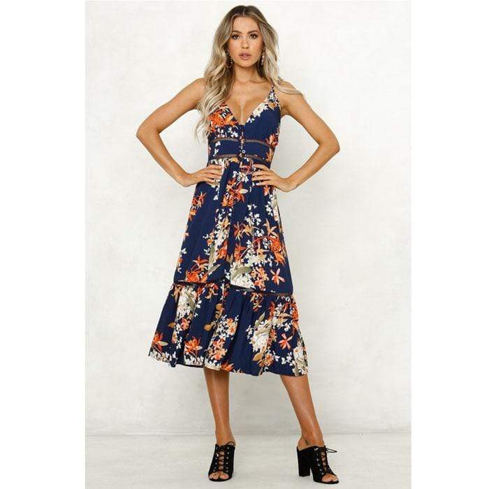 Floral Print V Neck Midi Dress