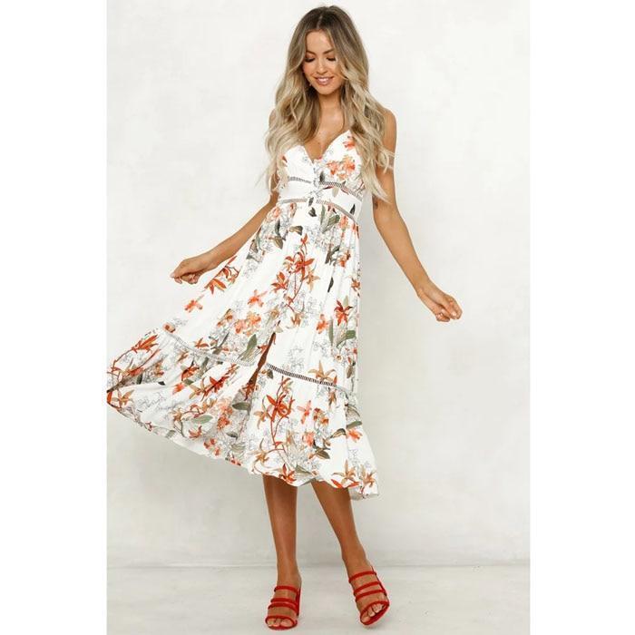 Floral Print V Neck Midi Dress